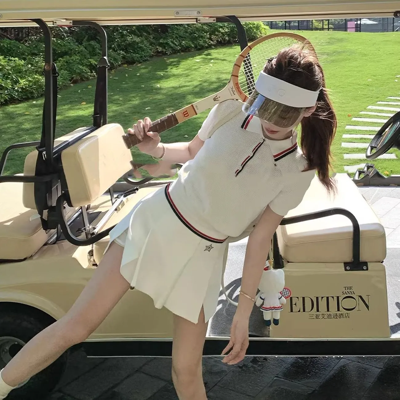 Golf Equipment Women - ชุดกอล์ฟผู้หญิงสำหรับฤดูร้อน ซีรีส์เทนนิส เสื้อโปโลแขนสั้นผ้าวาฟเฟิลถัก กระโปรงเอวสูง ชุดสองชิ้น