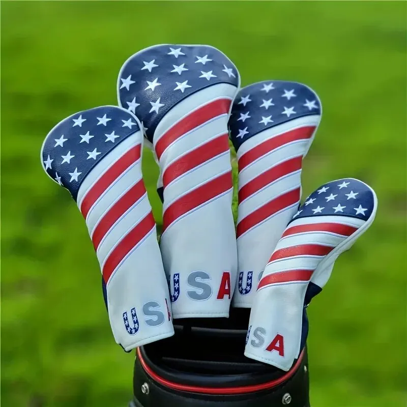 Golf Equipment Set - ชุดคลุมหัวไม้กอล์ฟแบบรักชาติ - ปกป้องไม้กอล์ฟของคุณด้วยหนัง PU ที่ทนทานและดีไซน์ธงชาติอเมริกันที่สดใส